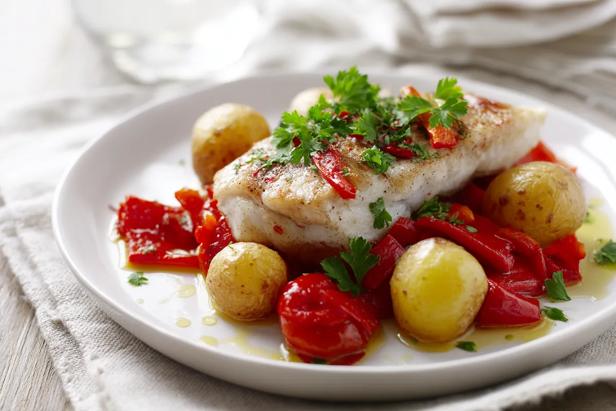 Assiette de bonite avec poivrons et pommes de terre grenailles