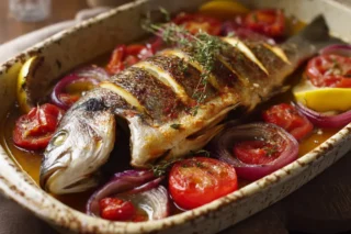 Bonite entière dorée au four sur lit de poivrons et tomates