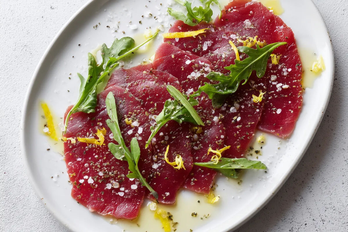 Carpaccio de bonite, tranches fines &agrave; l'huile d'olive