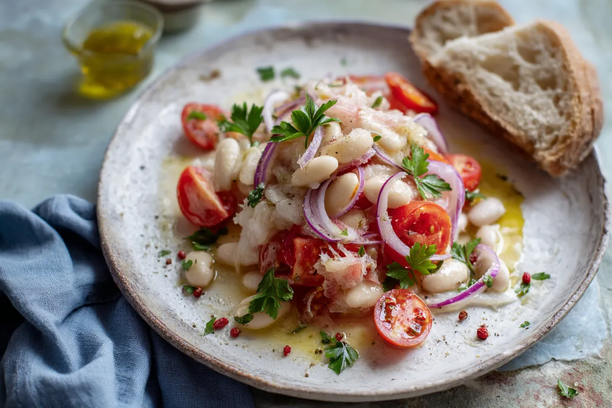 Bonite &agrave; l'huile en salade avec haricots blancs et tomates