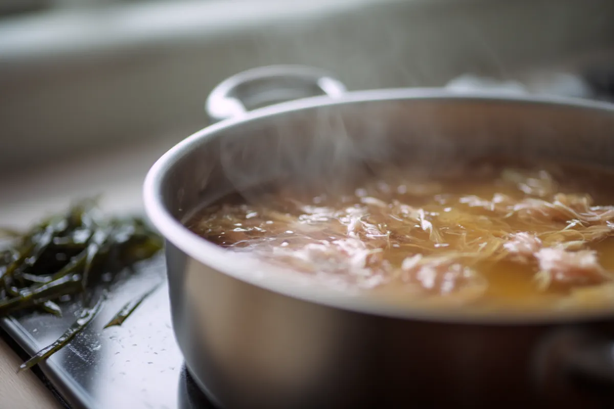La bonite séchée (katsuobushi) : le guide complet 2 Copeaux de bonite séchée infusant dans un dashi