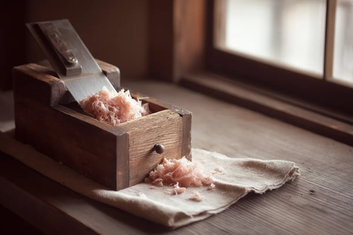 La bonite séchée (katsuobushi) : le guide complet 3 Sachet de copeaux de bonite séchée et rabot japonais kezuriki