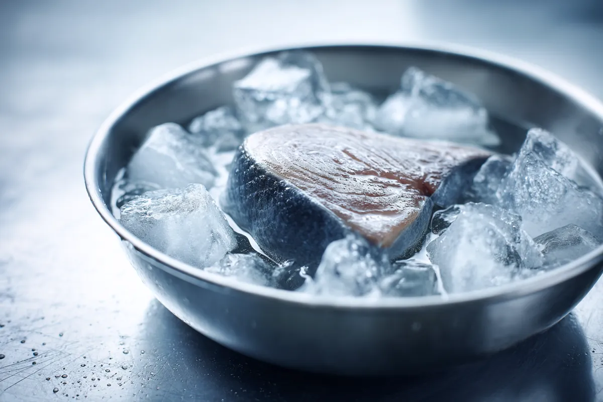 Tataki de bonite : la recette et la saisie parfaite 2 Bloc de bonite plongé dans un bain de glace après saisie