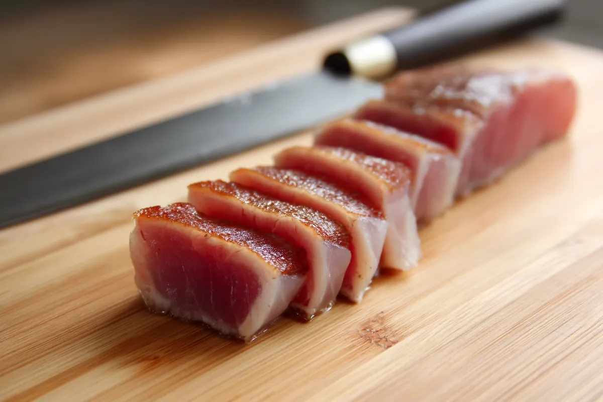 Tataki de bonite : la recette et la saisie parfaite 3 Découpe du tataki de bonite en tranches fines