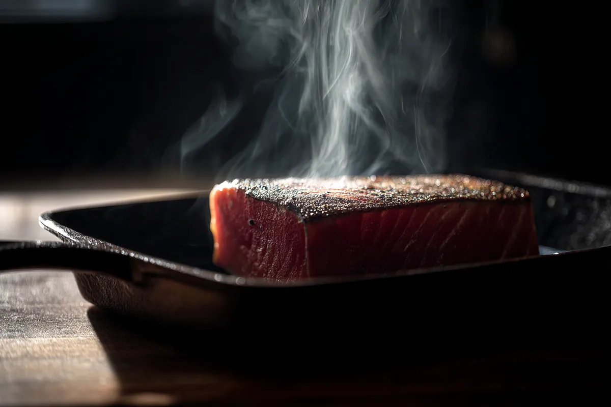 Tataki de bonite : la recette et la saisie parfaite 1 Bloc de bonite en saisie sur une poêle très chaude