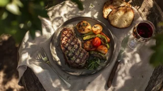 Table d'été : pavé de bonite, légumes grillés et verre de vin rouge léger