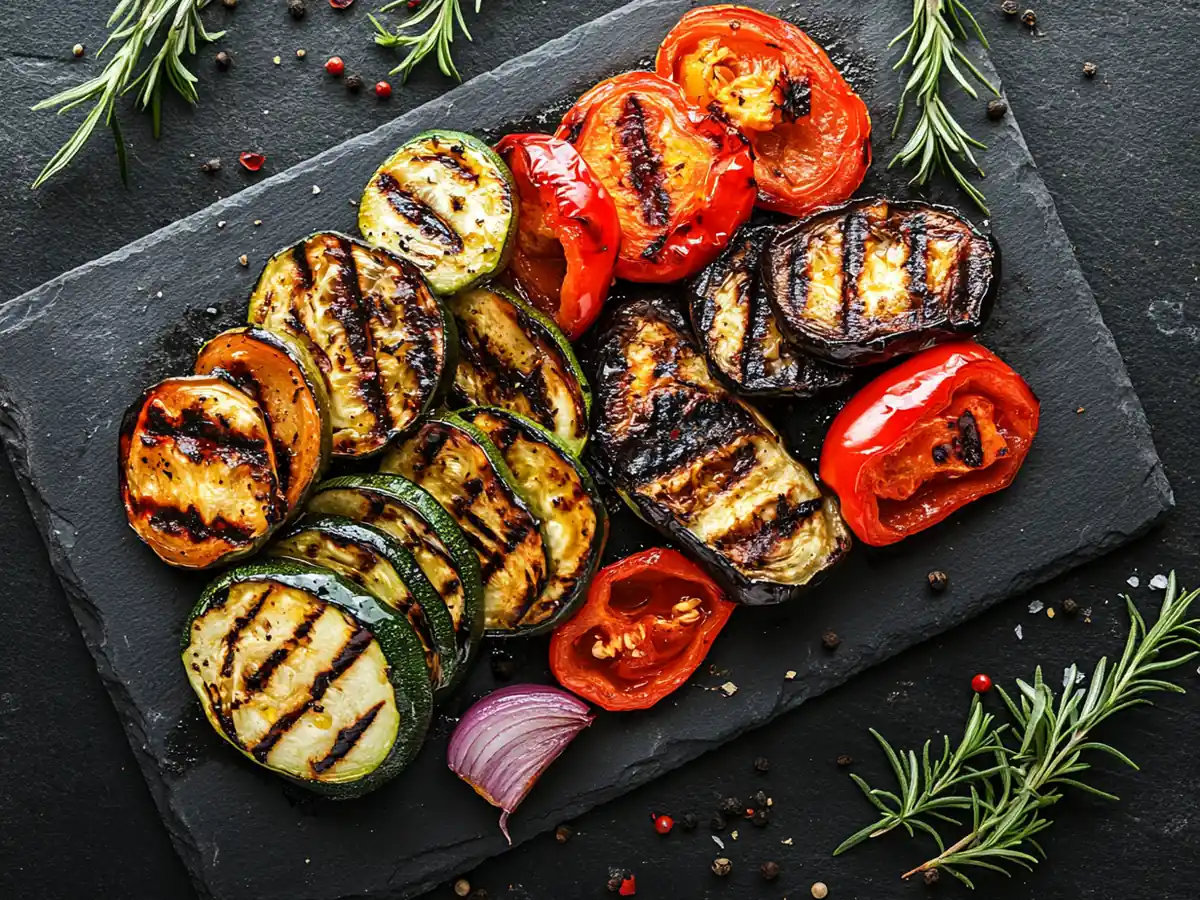 Que servir avec la bonite : accompagnements et accords vins 4 Plateau de légumes grillés marqués au barbecue sur ardoise
