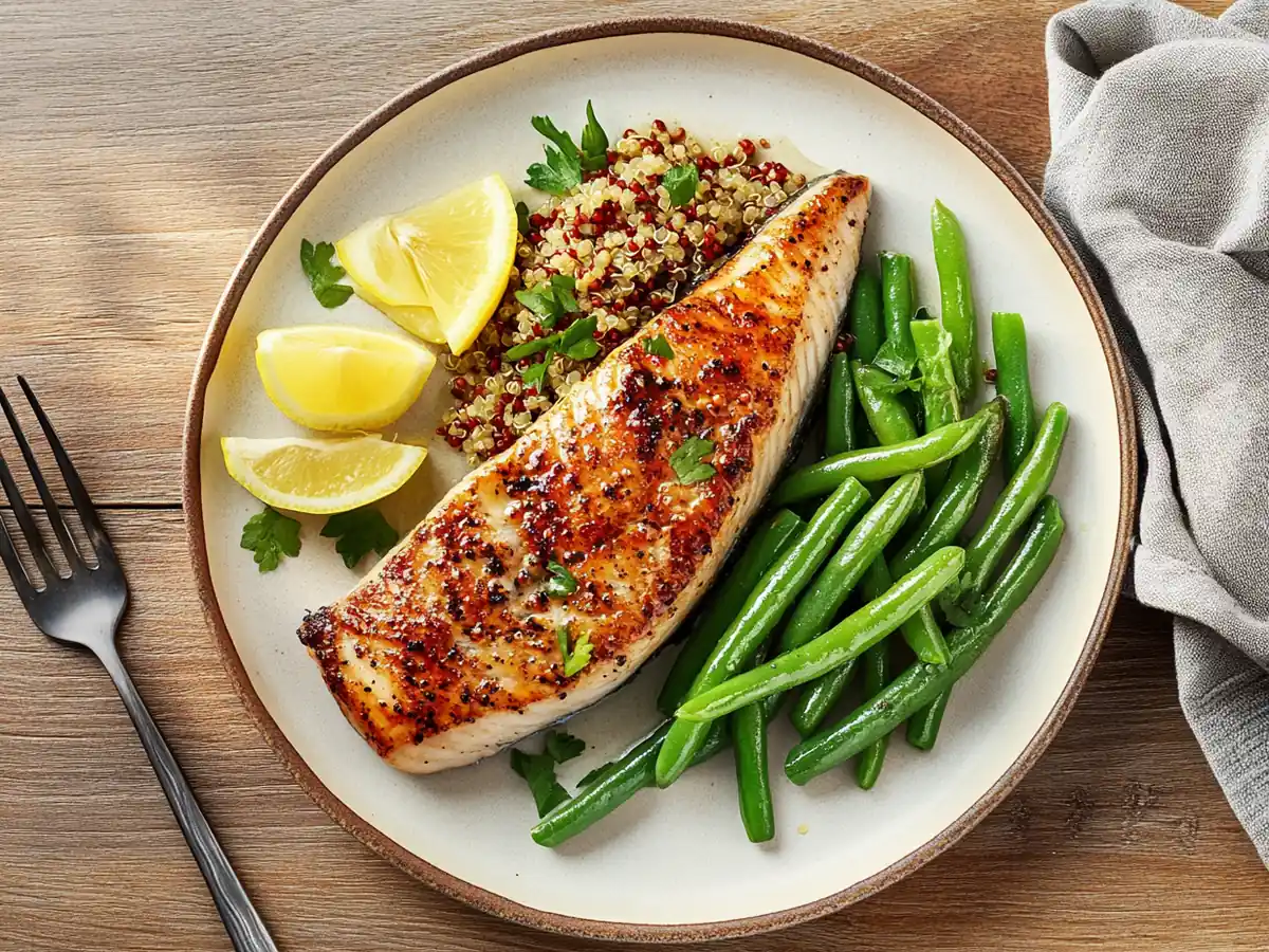 Bonite : bienfaits, calories et valeurs nutritionnelles 4 Assiette équilibrée : pavé de bonite saisi, haricots verts et quinoa