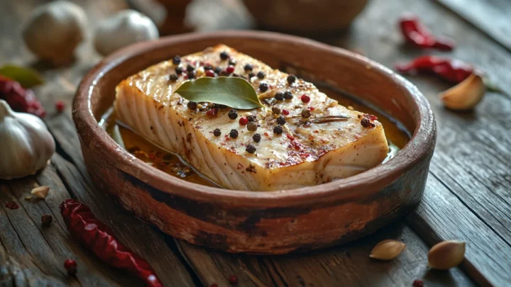 Terrine de bonite à l'escabèche avec ail, laurier et piments séchés