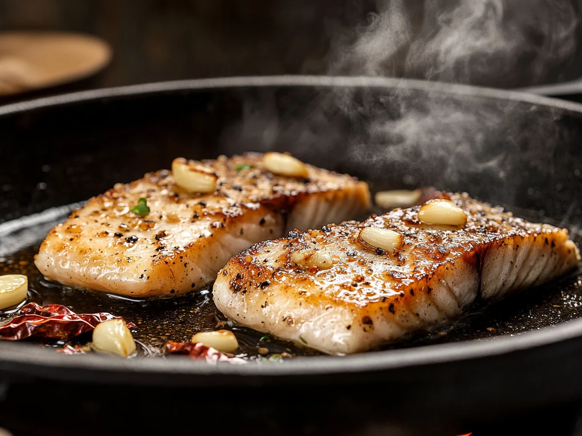 Filets de bonite saisis &agrave; la po&ecirc;le avec ail et piment dans l'huile d'olive