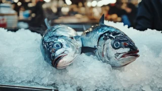 Une bonite et un thon rouge côte à côte sur glace chez le poissonnier