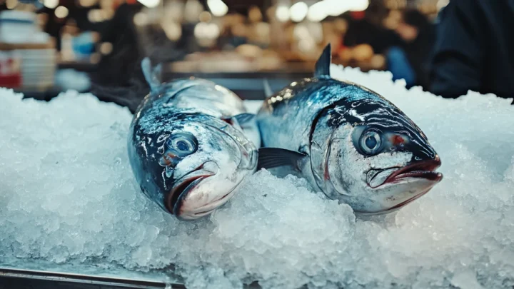 Une bonite et un thon rouge côte à côte sur glace chez le poissonnier