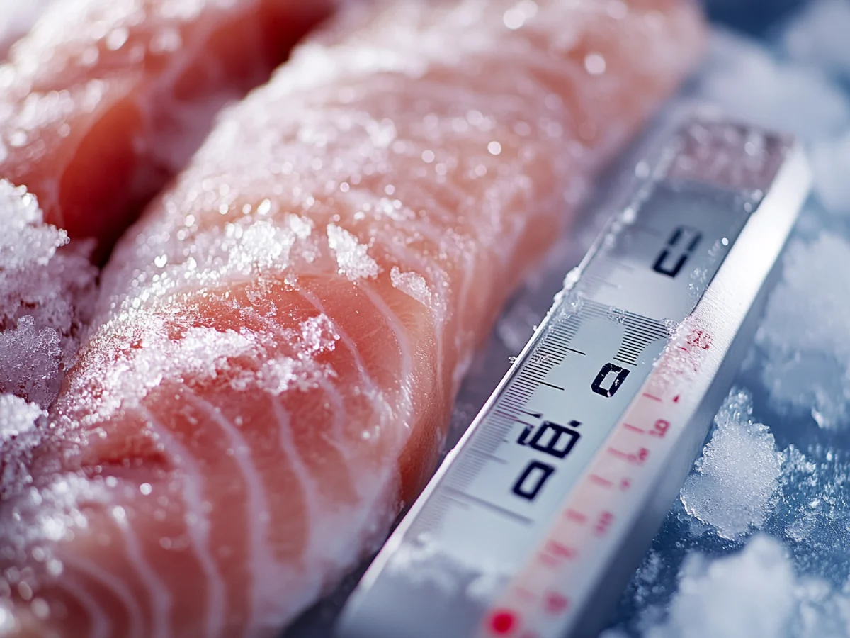 Thermom&egrave;tre de cong&eacute;lateur affichant -18 &deg;C &agrave; c&ocirc;t&eacute; de filets sous vide