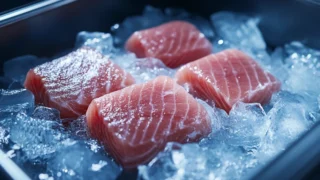 Congeler la bonite avant de la manger crue : la règle anti-anisakis 9 Filets de bonite sous vide posés sur des cristaux de glace au congélateur