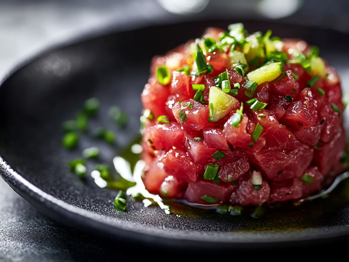 Tartare de bonite au couteau dress&eacute; en cercle sur assiette sombre