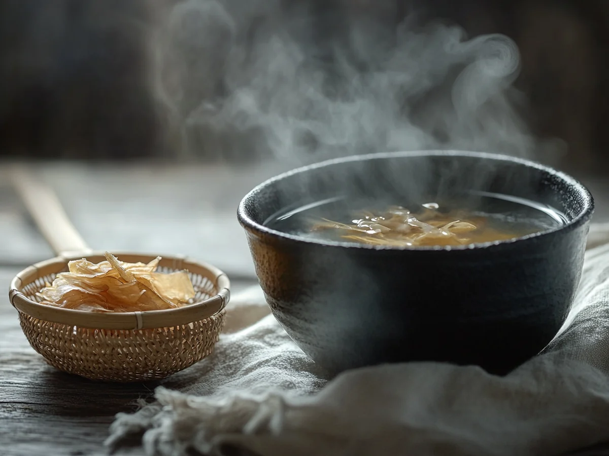 Dashi maison au katsuobushi : la recette du bouillon japonais 3 Bol de dashi ambré filtré, passoire en bambou et copeaux de bonite
