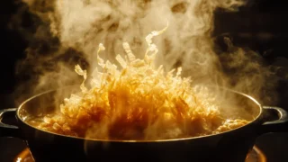 Dashi maison au katsuobushi : la recette du bouillon japonais 8 Copeaux de katsuobushi ondulant dans la vapeur au-dessus du bouillon