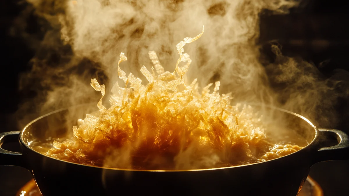 Dashi maison au katsuobushi : la recette du bouillon japonais 1 Copeaux de katsuobushi ondulant dans la vapeur au-dessus du bouillon