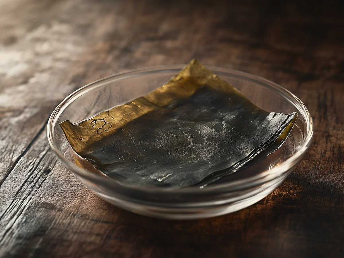 Dashi maison au katsuobushi : la recette du bouillon japonais 2 Algue kombu en trempage dans un bol d'eau froide