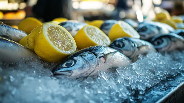 Étal de poissonnerie couvert de bonites entières sur glace pilée