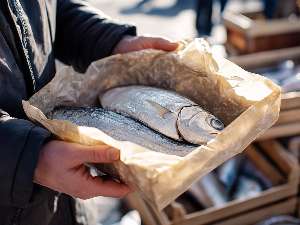 Achat d'une bonite enti&egrave;re envelopp&eacute;e de papier sur un march&eacute; de bord de mer